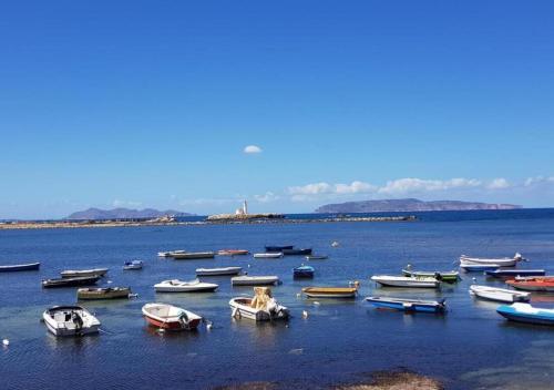 a group of boats in a large body of water at Sunset in Trapani