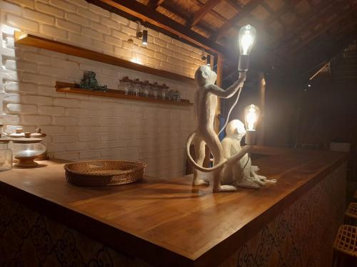 a couple of statues sitting on a counter with a light at Oruwa Boutique Villas in Arugam Bay