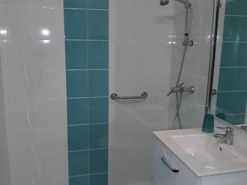 une salle de bain avec un lavabo et une douche dans l'établissement Studio climatisé, proche Thermes, animaux admis - FR-1-503-87, à Balaruc-les-Bains