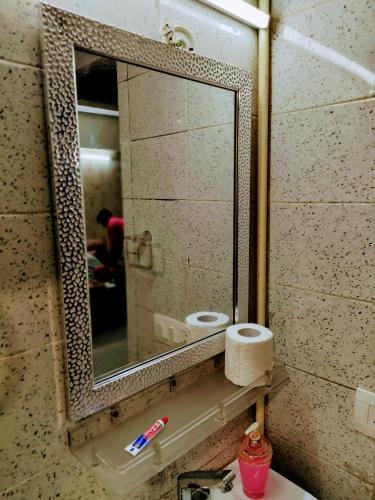 a mirror above a sink in a bathroom at Entire Studio Apt/Suite near Mall/Metro/ExpoMart in Noida