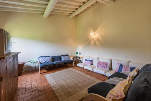 a living room with a couch and a tv at Villa Poggio Cherici by Mmega in Rignano sullʼArno