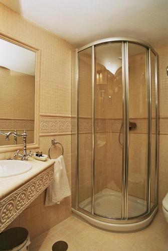 a bathroom with a shower and a sink at Hospedería El Convento in Estremera