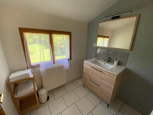 a bathroom with a sink and a mirror at Gîte le Moulin Samsara in Homps