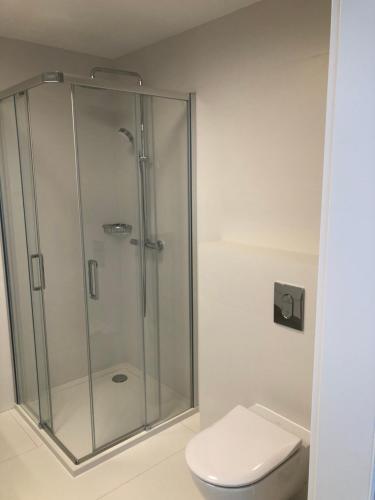 a bathroom with a glass shower with a toilet at Rogowo Pearl 1510 in Rogowo