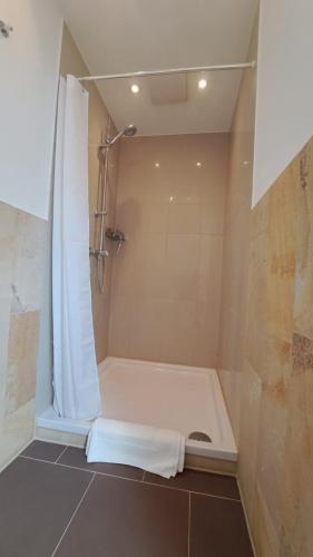 a shower with a white shower curtain in a bathroom at Appartement Köck 110qm in Reisbach
