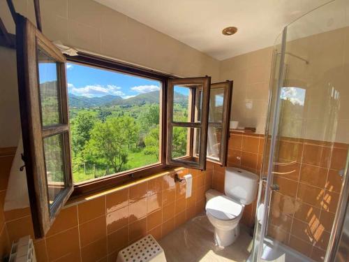 a bathroom with a toilet and a large window at Casa Rural El Bohío CA-846-AS in Arriondas