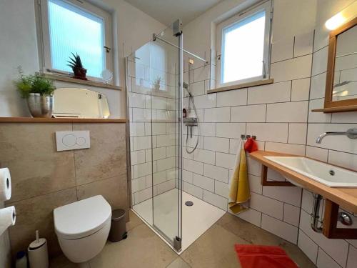 a bathroom with a shower and a toilet and a sink at Appartement Sandsteig 1 in Grafenau