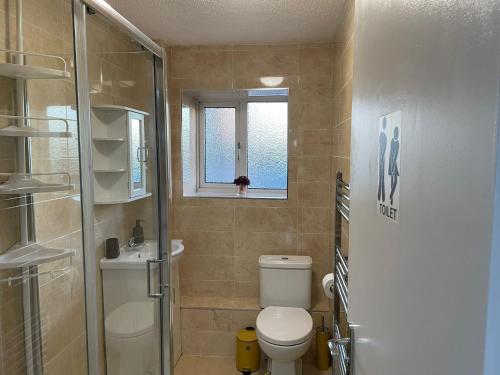 a bathroom with a toilet and a sink and a window at NNK Air BnB in Ponders End