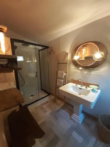 een badkamer met een wastafel en een douche bij Chalet libellule Domaine de la Mamounette in Champclause