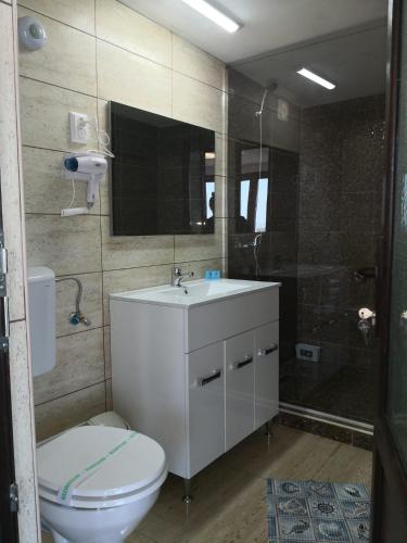 a bathroom with a toilet and a sink and a shower at Hotel La John in Vama Veche