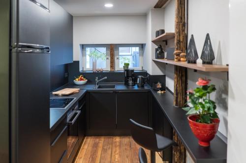 a kitchen with black cabinets and a black refrigerator at Hinterm Marstall 2 in Coburg