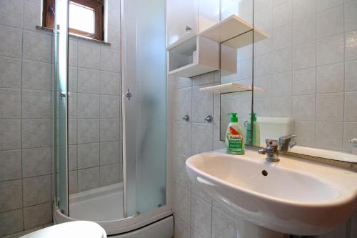 a bathroom with a sink and a shower at Apartments Veroslava 2159 in Pula