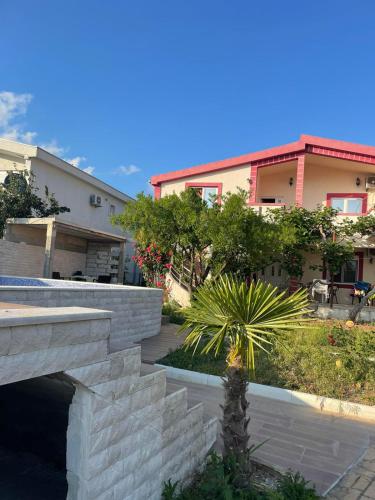 a house with a stone bridge and a palm tree at Villa Nilić in Bar