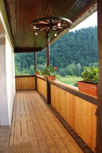 a wooden porch with potted plants and a chandelier at Vineyard cottage Kolpa Zupančič in Stari Trg ob Kolpi