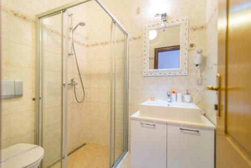 bagno con doccia, lavandino e servizi igienici di Hotel Villa Vrsar a Vrsar