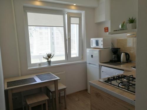 a kitchen with a stove top oven next to a window at Šiauliai City Apartment in Šiauliai