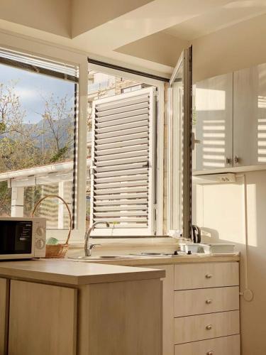 a kitchen with a sink and a window at Mila & Aleksandr Apartments in Budva