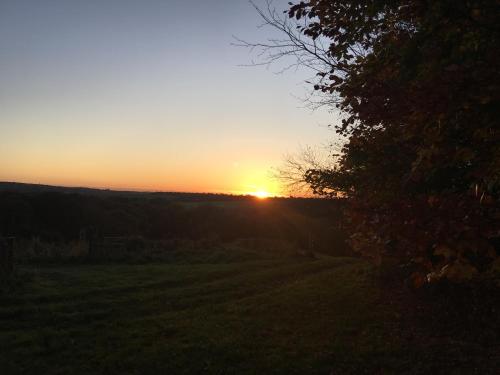 a sunset in a field with the sun setting at Riding Farm Cottages in Gateshead