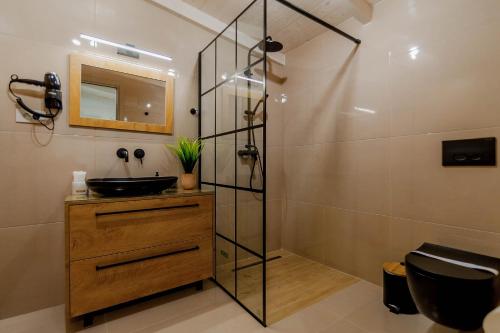 a bathroom with a sink and a glass shower at Ideal House in Parga