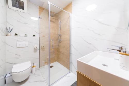 a bathroom with a shower and a toilet and a sink at Apartman Kolura Vis in Vis