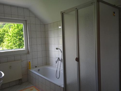 a bathroom with a bath tub and a window at Ferienwohnung kaub in Immerath