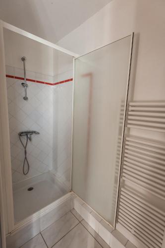 une salle de bain avec une douche avec une porte vitrée dans l'établissement L'Atlantide Apt 85m2 3 chambres - Appart Hotel Poitiers, à Poitiers
