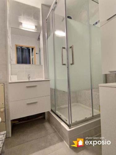 La salle de bains est pourvue d'une cabine de douche en verre. dans l'établissement Studio 4 couchages piscine , plage , vue canigou, à Saint-Cyprien