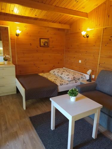 a room with a bed and a couch and a table at Domki Letniskowe Nika in Mikołajki