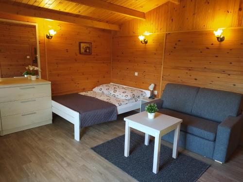 a bedroom with a bed and a couch and a table at Domki Letniskowe Nika in Mikołajki