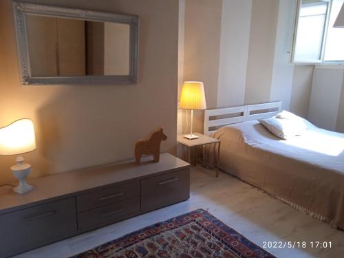 a bedroom with a bed and a mirror on the wall at Appartamento seminterrato Villa Sveva Franciacorta in Ome