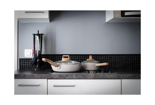 a kitchen with two pots and pans on a stove at Central Perk Apartments-Antwerp in Antwerp