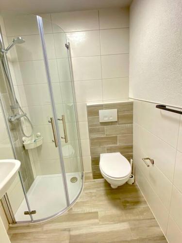 a bathroom with a shower and a toilet and a sink at Little sweet appartment in Kehl am Rhein