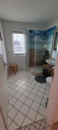 ein Bad mit einer Dusche und einem Waschbecken in der Unterkunft Erholung Pur bei Familie Peters in Fehmarn