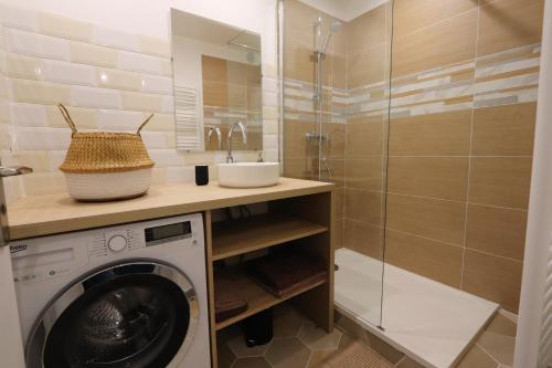 a bathroom with a washing machine and a sink at Studio tout confort - Climatisation, parking, wifi in Gréoux-les-Bains