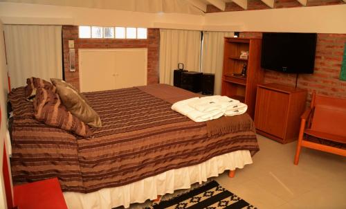 a bedroom with a large bed and a television at Las Anémonas Sur in Puerto Madryn
