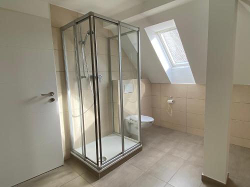 a glass shower in a bathroom with a toilet at Mansarde “Sabine“ in Montabaur