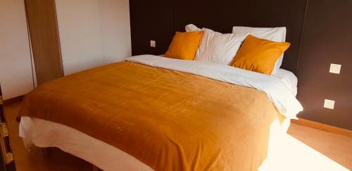 Elle comprend un grand lit avec des oreillers jaunes et blancs. dans l'établissement PETiT MULHOUSE 301 - Lovely appartement - Cuisine - Wifi, à Mulhouse