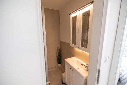une salle de bain avec un lavabo et un miroir dans l'établissement Moin Apartment Mit 2 Balkonen u kostenlosen Parkmöglichkeiten, à Bremerhaven