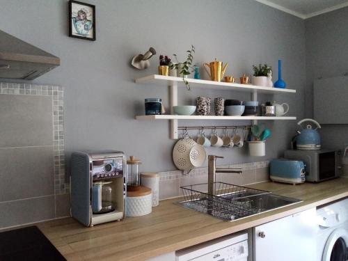 eine Küche mit einer Theke mit einem Toaster und einer Mikrowelle in der Unterkunft Le Gîte du Lapin Bleu in Baigneux-les-Juifs