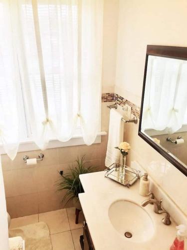 a bathroom with a sink and a mirror at Historical Neighborhood Home in New Rochelle