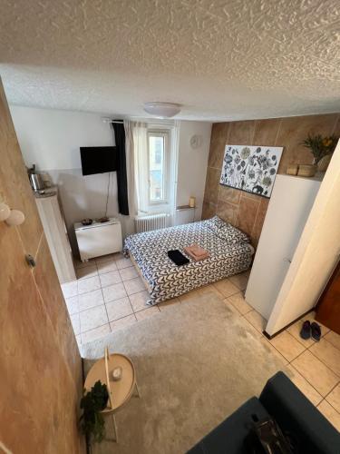 - une vue de tête sur une petite chambre avec un lit dans l'établissement Cosy, à Lausanne