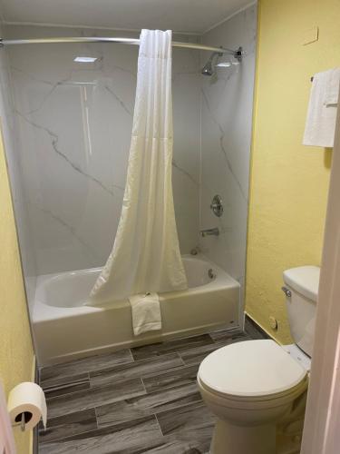 a bathroom with a tub and a toilet and a shower at Economy Inn Hot Springs in Hot Springs