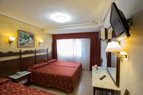 薩拉曼卡的住宿－雷耶斯卡托里克斯酒店，酒店客房设有两张床和一台平面电视。