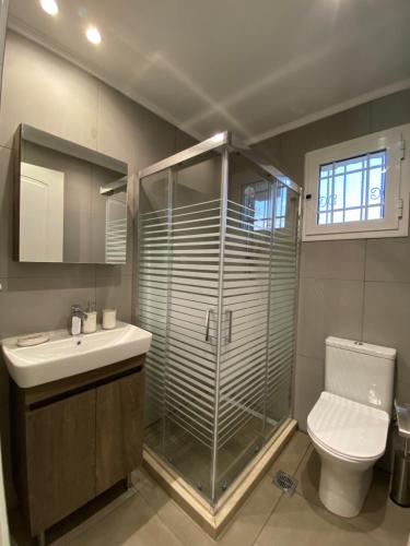 a bathroom with a shower and a toilet and a sink at Ionian Blue View in Riza