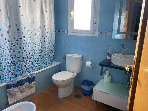 a blue bathroom with a toilet and a sink at Casa Rural La Sureña in Ossa de Montiel