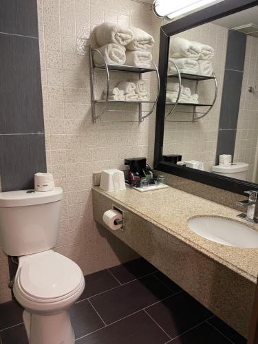 a bathroom with a toilet and a sink and a mirror at Wingate by Wyndham Lake George in Lake George