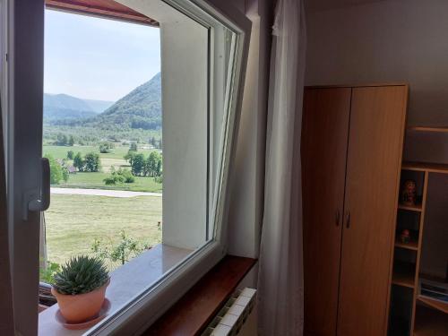 a window with a view of a green field at Apartments Denis in Tolmin