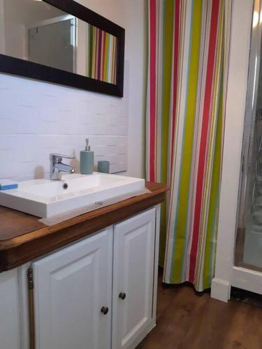 une salle de bain avec un lavabo blanc et une douche dans l'établissement L'albâtre, à Saint-Valery-en-Caux