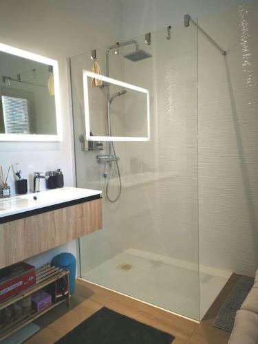 une salle de bain avec une douche en verre et un lavabo dans l'établissement Villa Echappé à 15 min de la mer, à Cournonsec