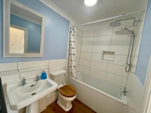 a bathroom with a sink and a toilet and a shower at Cosy Victorian Apartment - Central York in York
